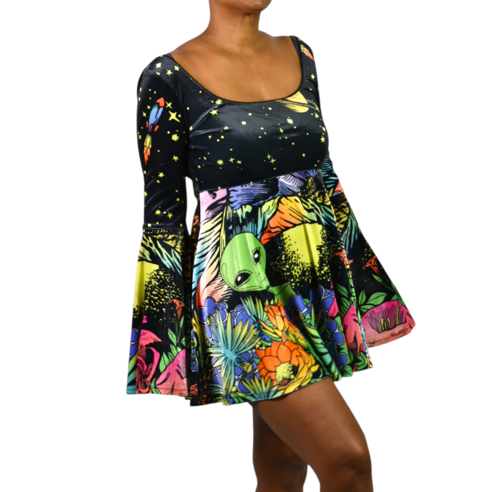 Current Mood Alien Mini Dress Black Happy Planet Cosmic Space Bell Sleeve Large